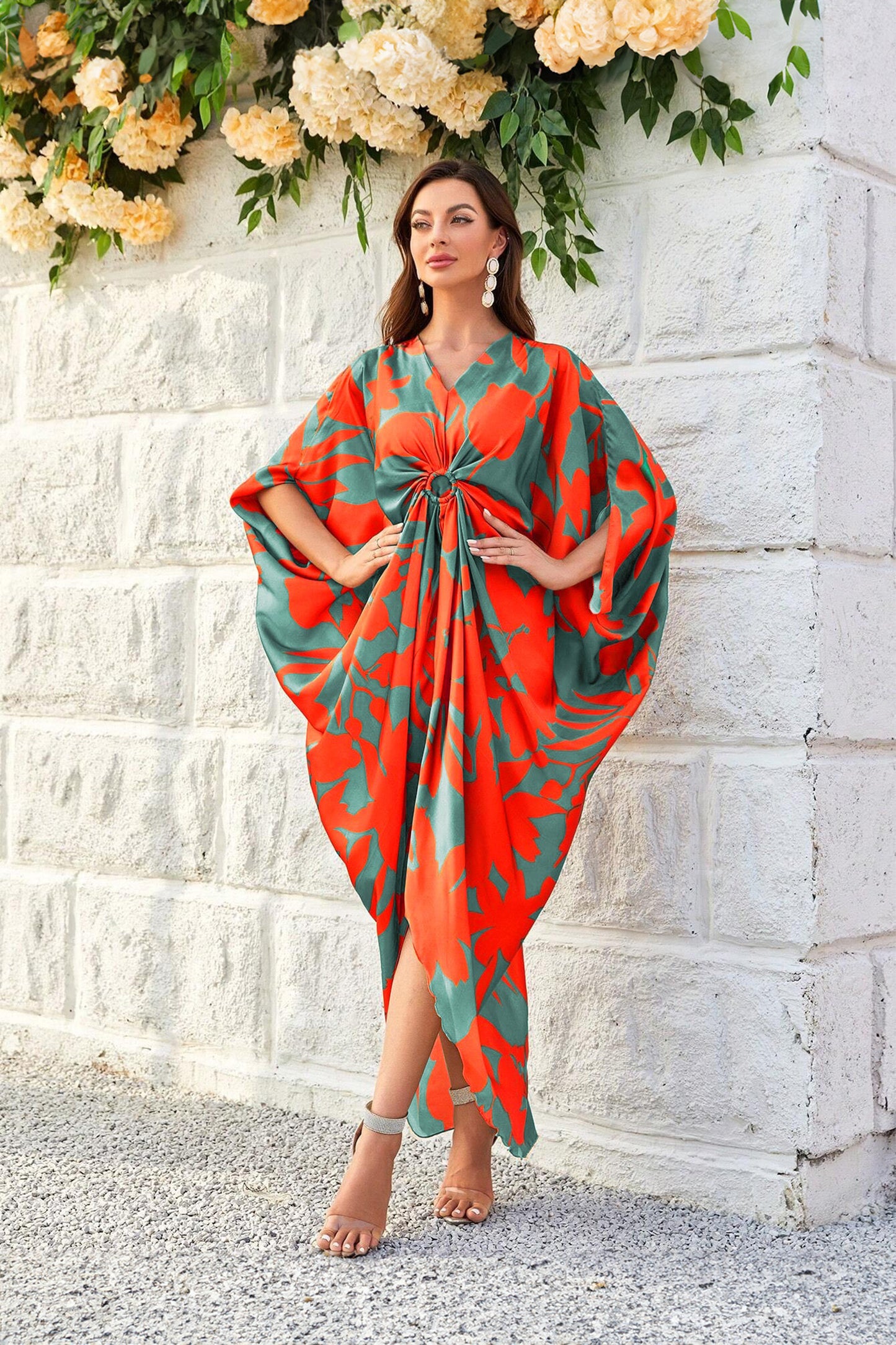 Knotty Nice | Tangerine Floral Kaftan Dress