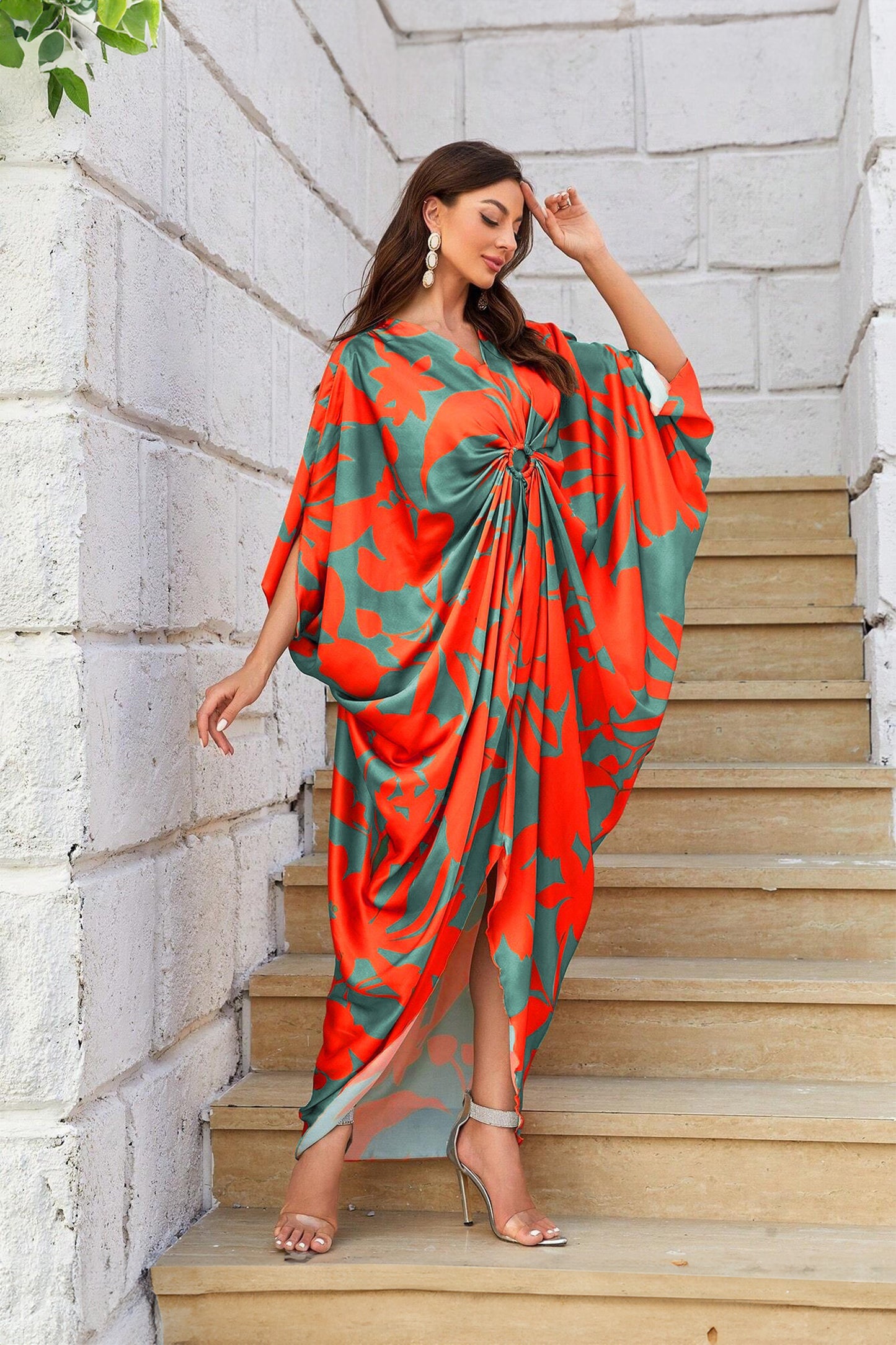 Knotty Nice | Tangerine Floral Kaftan Dress