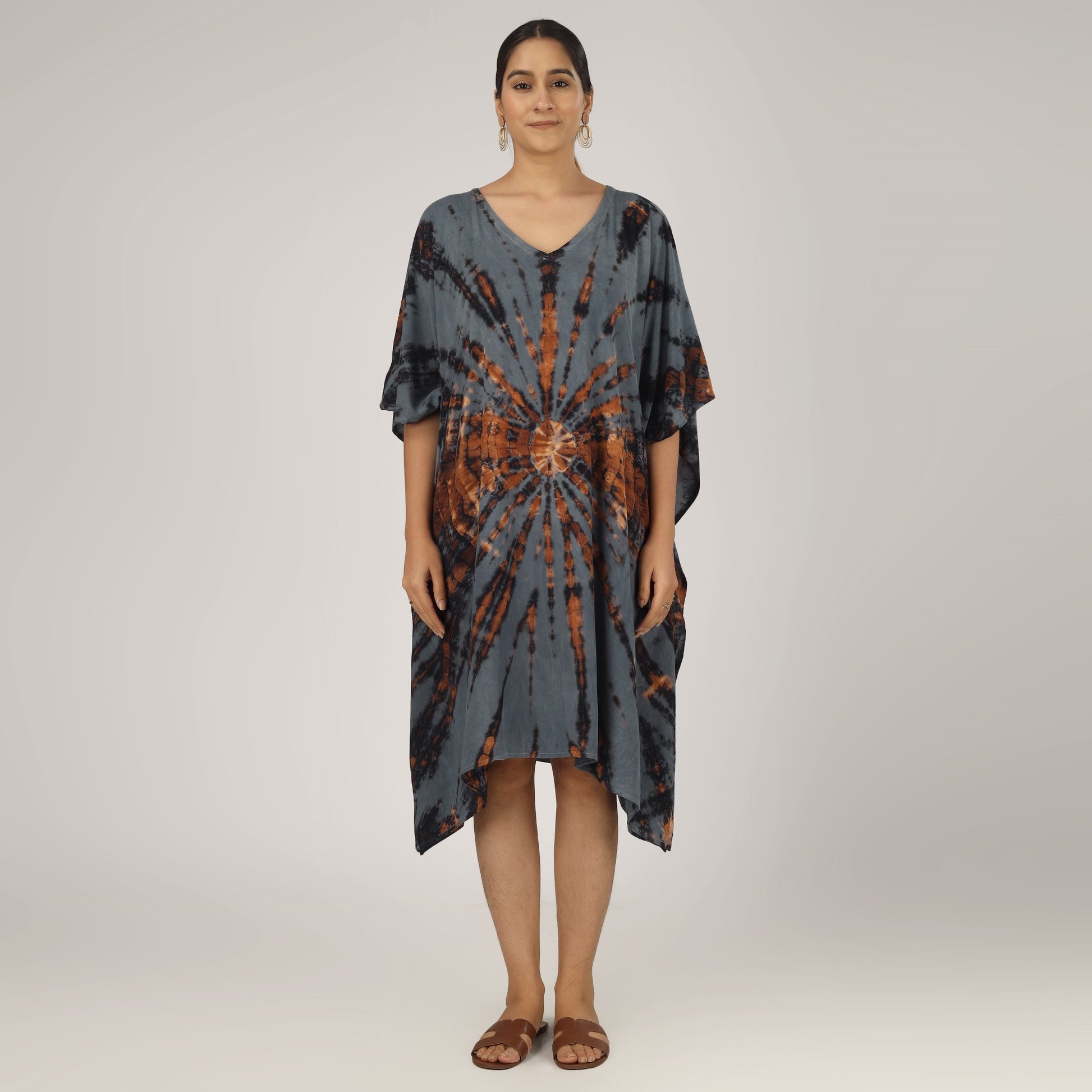 Earthen Threads Beach Summer Shibori Tie Dye Short Kaftan Kimono Grey