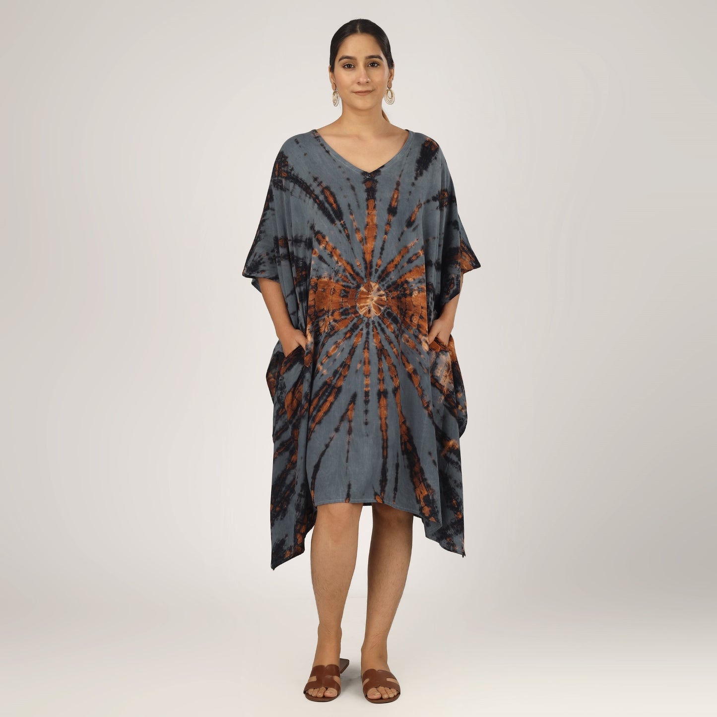 Earthen Threads Beach Summer Shibori Tie Dye Short Kaftan Kimono Grey