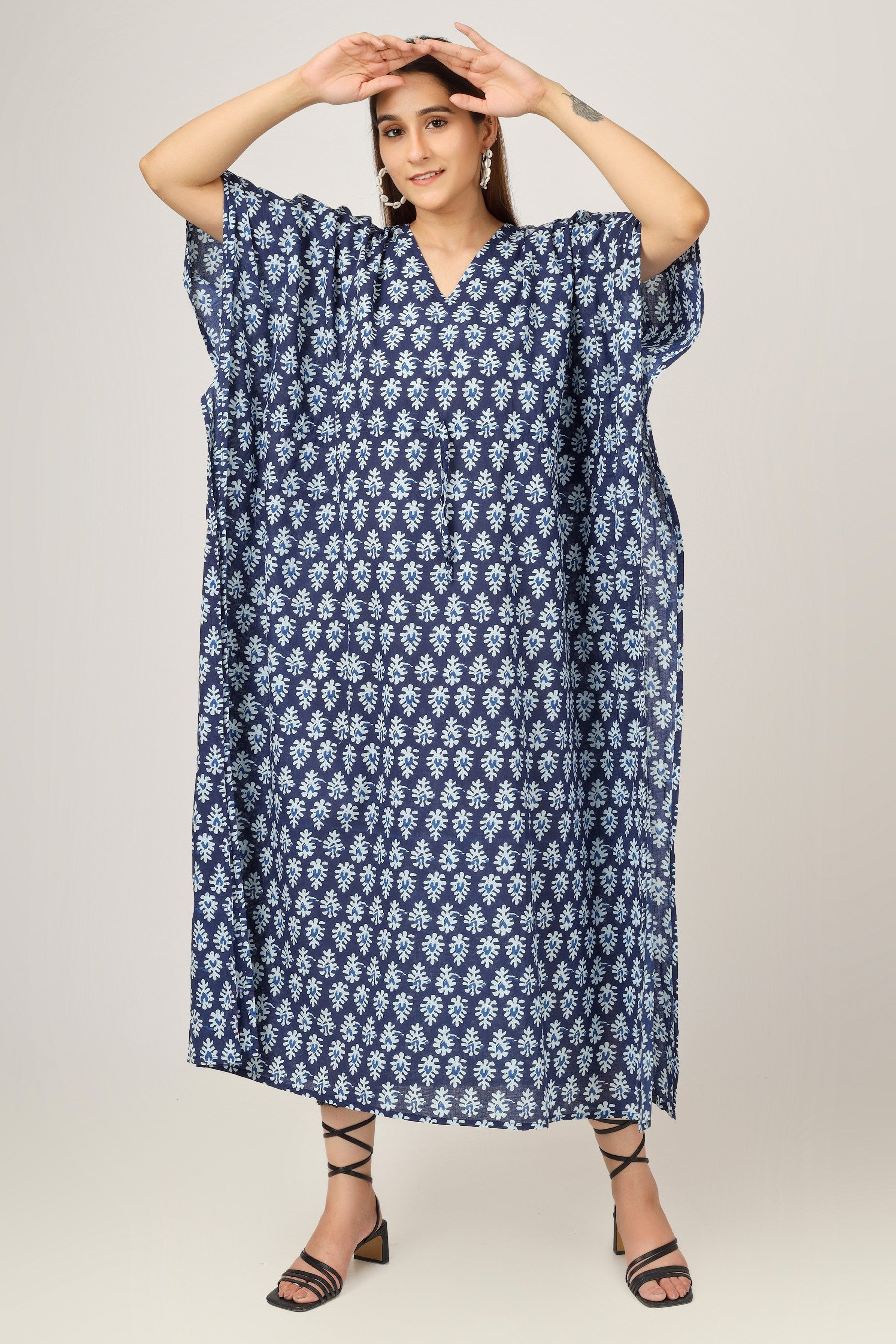 Earthen Threads Women's Kaftan Beach Cover-Up: Stylish and Versatile Summer Caftan Dress Indigo-Kaftan