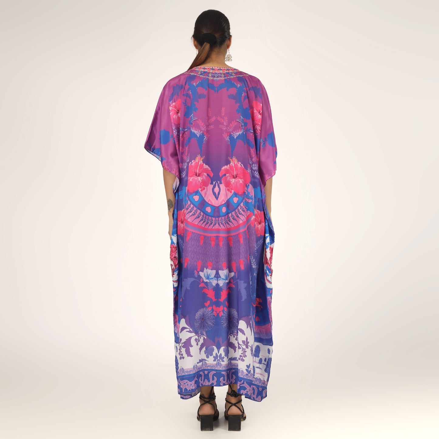 Earthen Threads Resort Wear Beach V Neck Kaftan with Embellishments Free Size Purple Pink