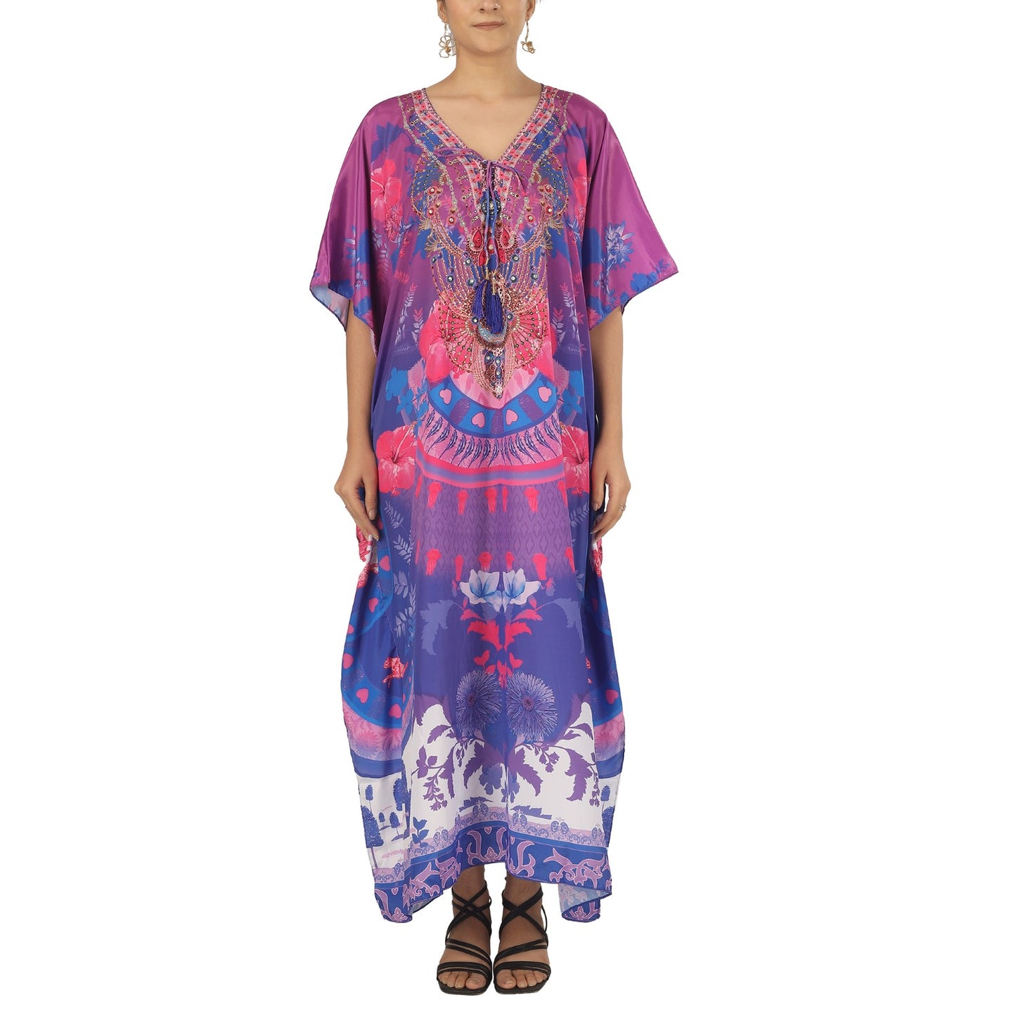 Earthen Threads Resort Wear Beach V Neck Kaftan with Embellishments Free Size Purple Pink