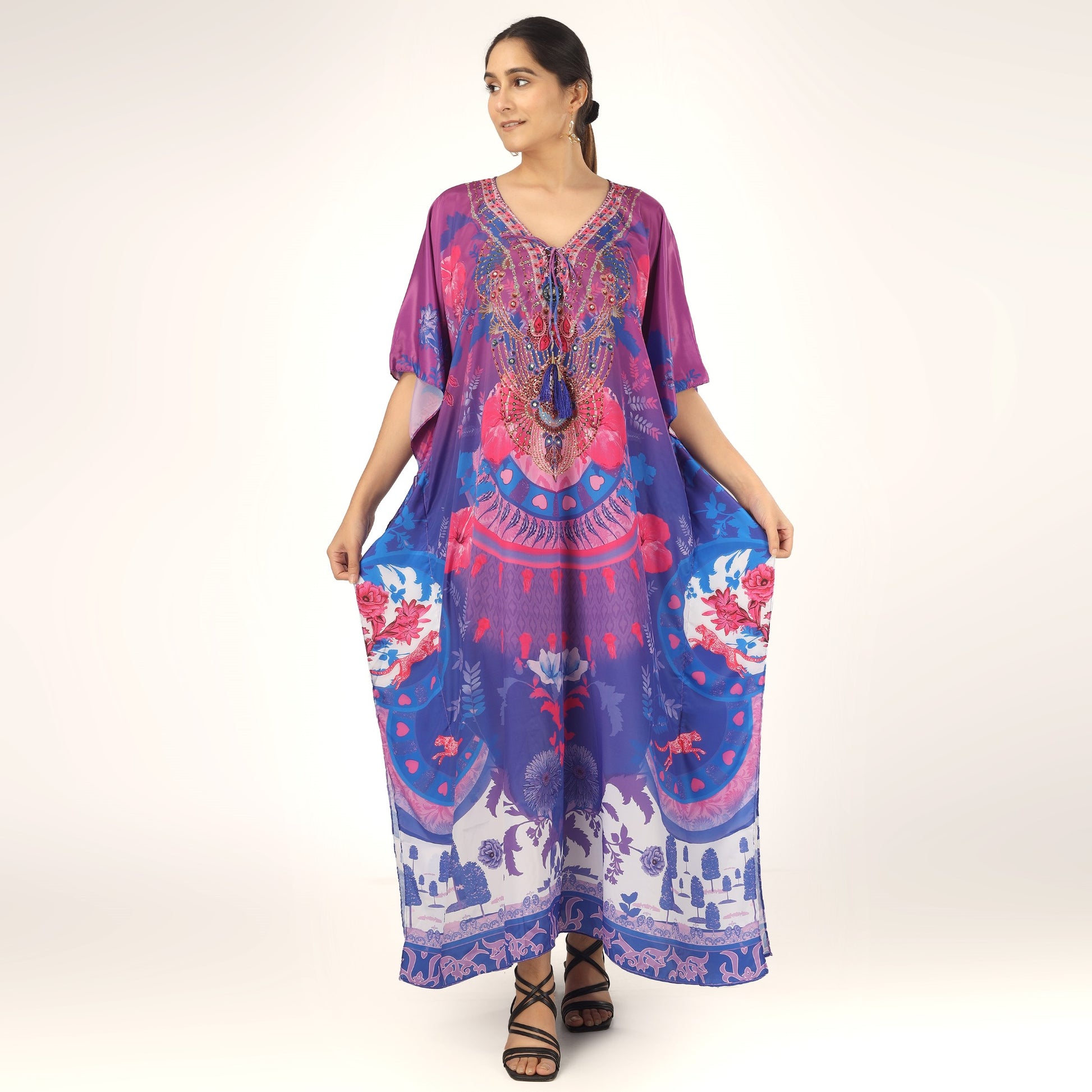 Earthen Threads Resort Wear Beach V Neck Kaftan with Embellishments Free Size Purple Pink