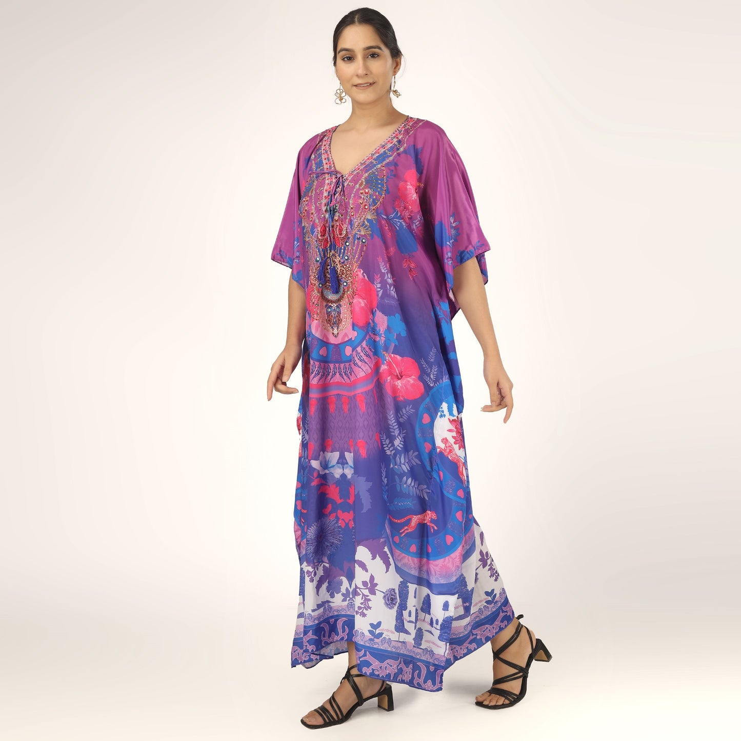 Earthen Threads Resort Wear Beach V Neck Kaftan with Embellishments Free Size Purple Pink