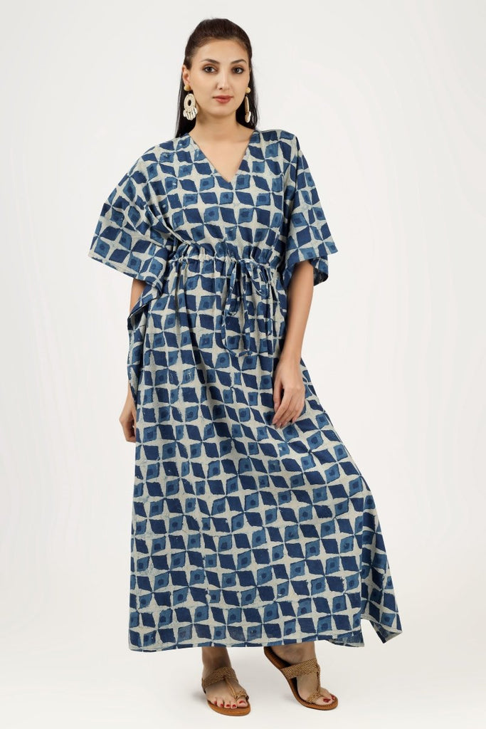 Block Printed Myra Indigo Cotton Kaftan - Earthen Threads