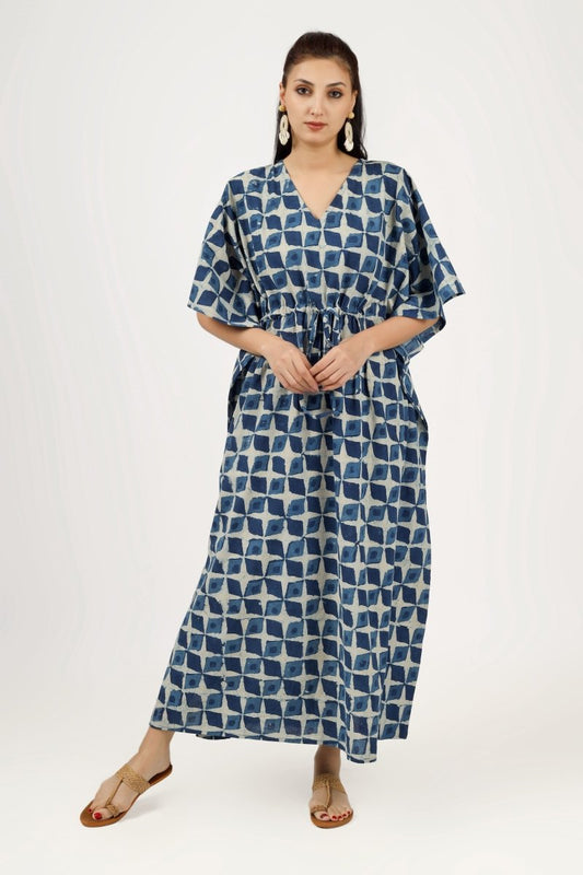 Block Printed Myra Indigo Cotton Kaftan - Earthen Threads