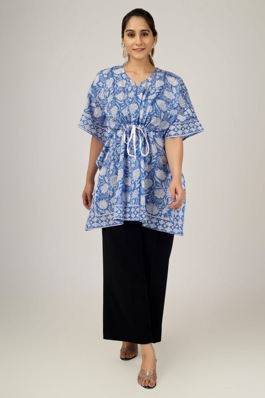 Blue Florals Block Printed Cotton Kaftan Tunic - Earthen Threads