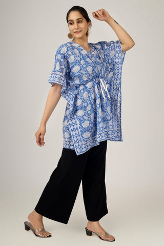 Blue Florals Block Printed Cotton Kaftan Tunic - Earthen Threads