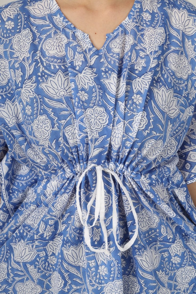 Blue Florals Block Printed Cotton Kaftan Tunic - Earthen Threads