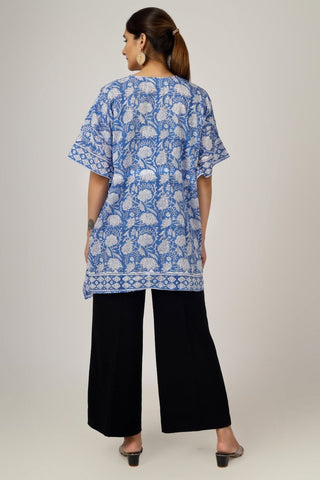 Blue Florals Block Printed Cotton Kaftan Tunic - Earthen Threads