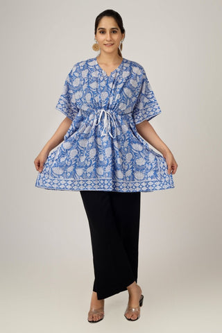 Blue Florals Block Printed Cotton Kaftan Tunic - Earthen Threads