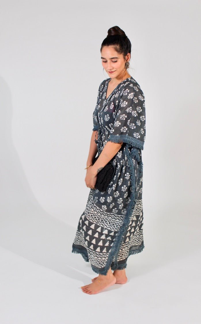 Patio Block Printed Grey Cotton Kaftan - Earthen Threads