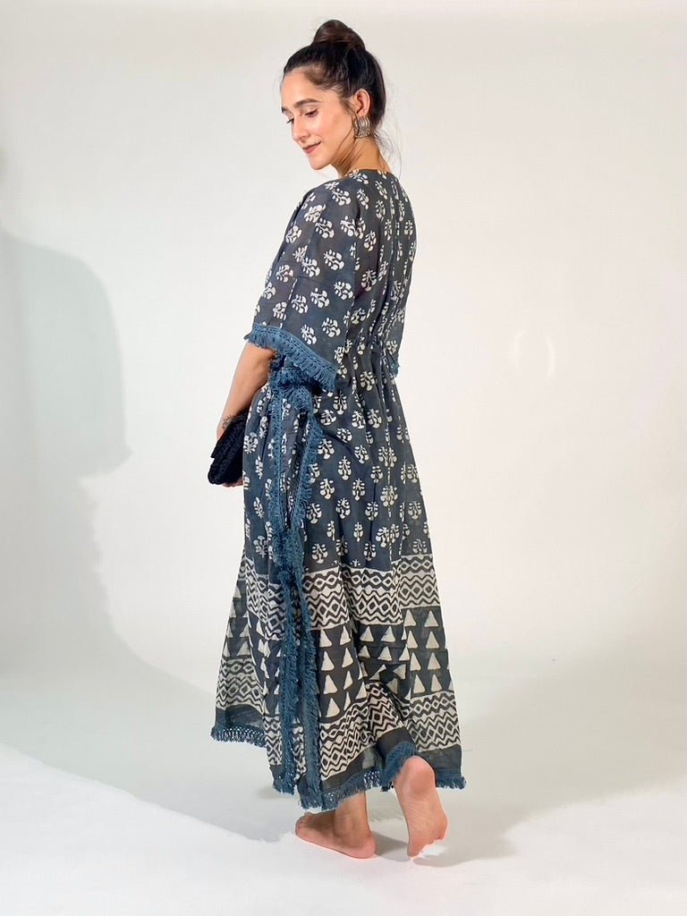 Patio Block Printed Grey Cotton Kaftan - Earthen Threads